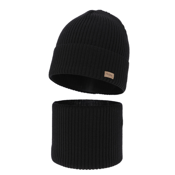 Czapka i komin dla chłopca jesienny, wiosenny komplet, czarny, 100% wełniany merino Intro