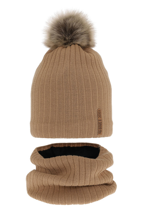 Czapka i komin dla chłopca zimowy komplet, camel, z pomponem, podszyty Kalen