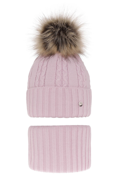 Czapka i komin dla dziewczynki zimowy komplet, liliowy, z pomponem Felia