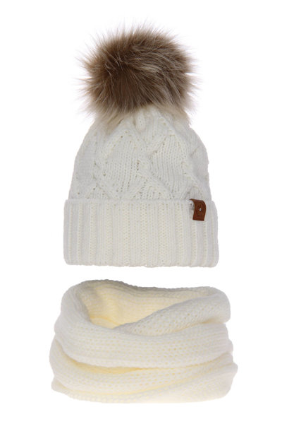 Komplet zimowy damski: czapka i komin kremowy Kreacja