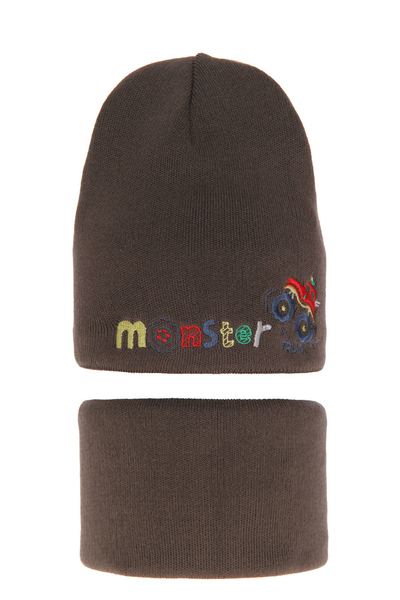 Komplet zimowy dla chłopca: czapka i komin khaki Monster