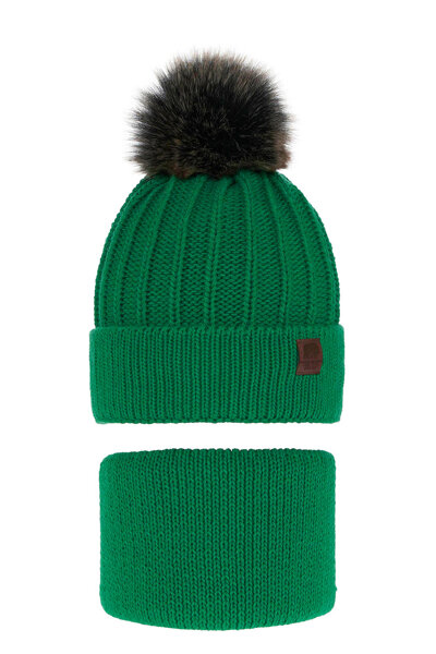 Komplet zimowy dla chłopca: czapka i komin zielony z pomponem Havier
