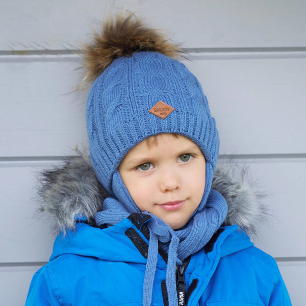 Komplet zimowy dla chłopca: czapka i szalik niebieski z pomponem Minor