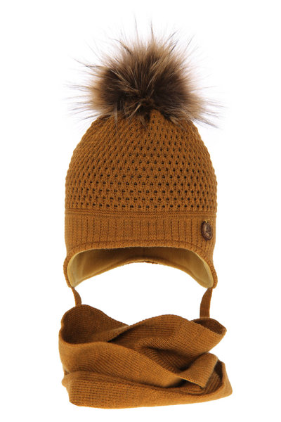 Komplet zimowy dla chłopca: czapka z pomponem i szalik komin musztardowy Florek