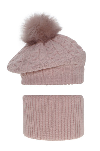 Komplet zimowy dla dziewczynki: beret i komin różowy z pomponem Koffi