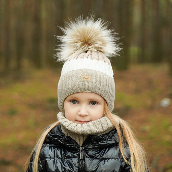 Komplet zimowy dla dziewczynki: czapka i komin beżowy z pomponem Riviera