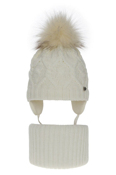 Komplet zimowy dla dziewczynki: czapka i komin kremowy z pomponem Elena
