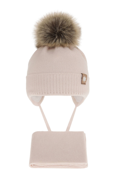 Komplet zimowy dla dziewczynki: czapka i szalik beżowy wełniany merino Arika