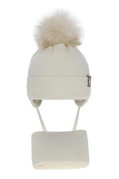Komplet zimowy dla dziewczynki: czapka i szalik kremowy wełniany merino Arika