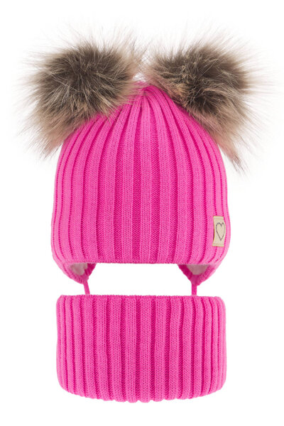 Komplet zimowy dla dziewczynki: czapka z dwoma pomponami i komin różowy Telisa