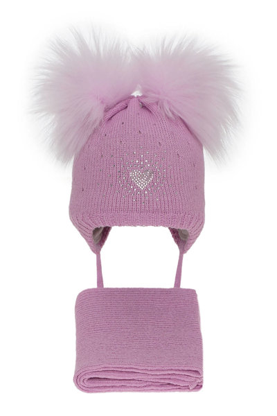Komplet zimowy dla dziewczynki: czapka z dwoma pomponami i szalik fioletowy Viki
