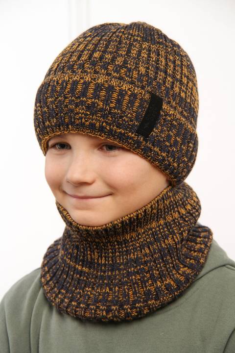 Komplet dla chłopca: czapka i komin zimowy musztardowy Fin