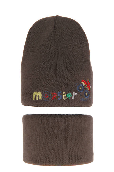 Komplet zimowy dla chłopca: czapka i komin khaki Monster