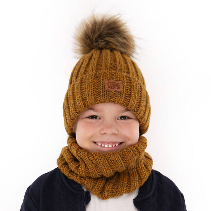 Komplet zimowy dla chłopca: czapka i komin musztardowy Remes