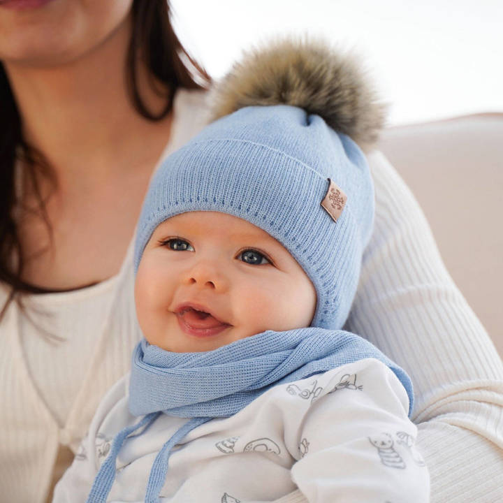 Komplet zimowy dla chłopca: czapka i szalik błękitny z wełny merino Rafael