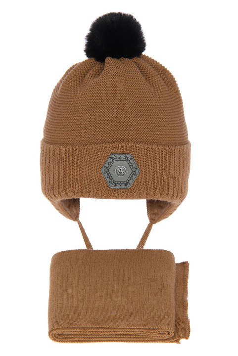 Komplet zimowy dla chłopca - czapka i szalik brązowy z wełny merino Lorenc