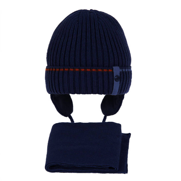 Komplet zimowy dla chłopca: czapka i szalik granatowy wypełniony miękką włókniną Lester