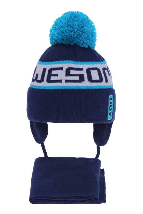 Komplet zimowy dla chłopca: czapka i szalik granatowy z niebieskim pomponem Odys