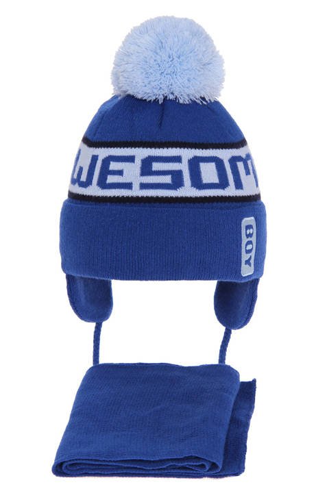 Komplet zimowy dla chłopca: czapka i szalik niebieski z błękitnym pomponem Odys