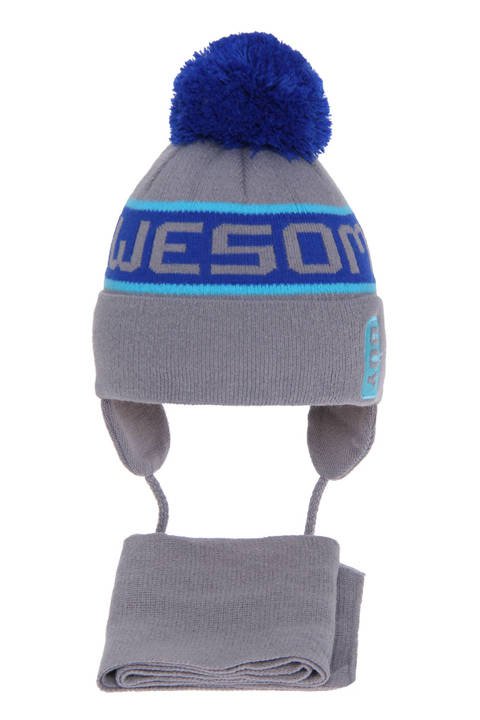 Komplet zimowy dla chłopca: czapka i szalik szary z niebieskim pomponem Odys