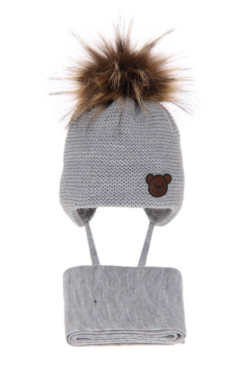 Komplet zimowy dla chłopca: czapka z pomponem i szalik jasnoszary Banksi