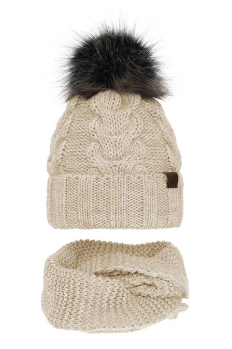 Komplet zimowy dla dziewczynki: czapka i komin beżowy z pomponem Torina