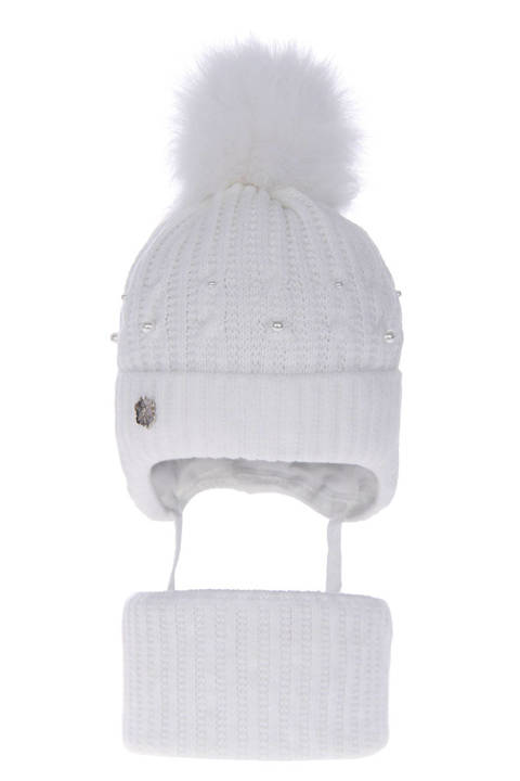 Komplet zimowy dla dziewczynki: czapka i komin biały wypełniony miękką włókniną Fortuna