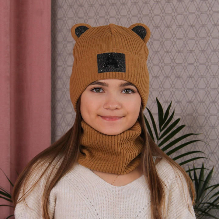 Komplet zimowy dla dziewczynki: czapka i komin camelowy Romka