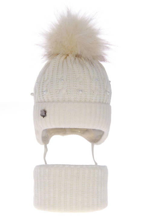 Komplet zimowy dla dziewczynki: czapka i komin kremowy wypełniony miękką włókniną Fortuna
