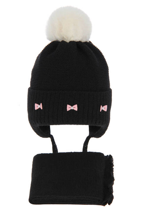 Komplet zimowy dla dziewczynki: czapka i szalik czarny z wełny merino Maribel