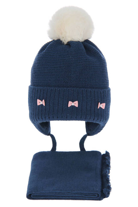 Komplet zimowy dla dziewczynki: czapka i szalik granatowy z wełny merino Maribel