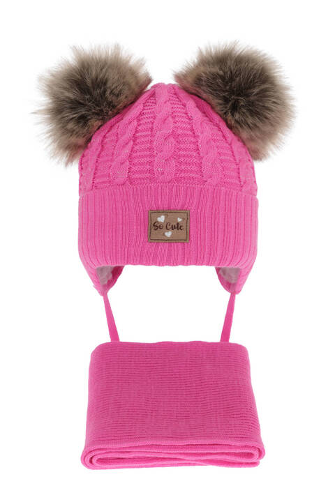 Komplet zimowy dla dziewczynki: czapka z błyszczącą nitką (lurex) i szalik różowy Klarita