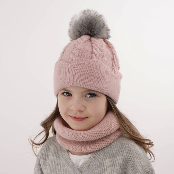 Komplet zimowy dla dziewczynki: czapka z pomponem i komin różowy Etula