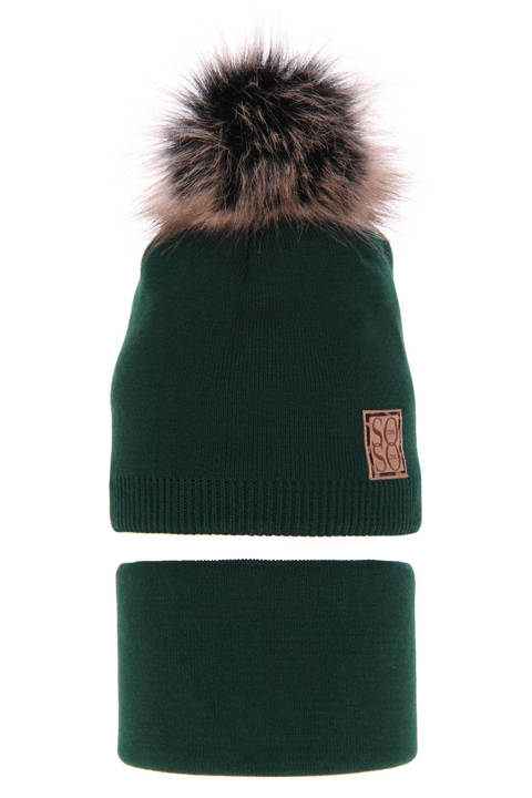 Komplet zimowy dla dziewczynki: czapka z pomponem i komin zielony Apolinka