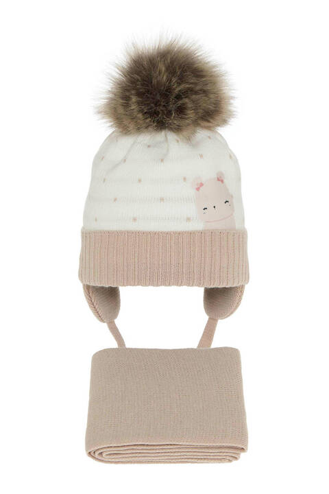 Komplet zimowy dla dziewczynki: czapka z pomponem i szalik beżowy Lori